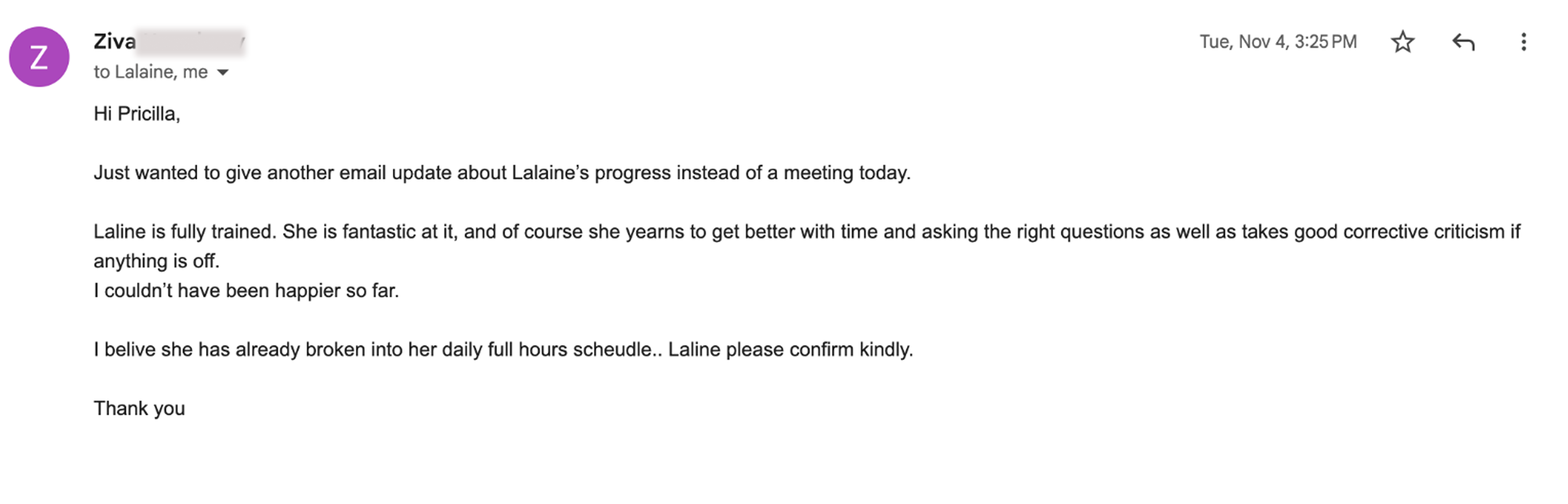 Client email saying Lalaine is fully trained, fantastic, asks the right questions, and has entered her daily full-hours schedule.