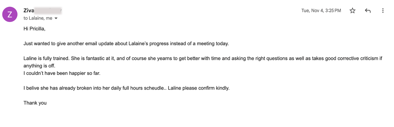Client email feedback about a SnappyCX healthcare VA being fully trained and in daily hours