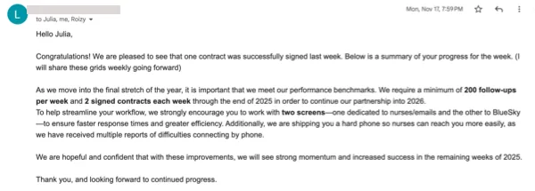 Client email noting one signed contract and weekly performance benchmarks for follow-ups and signed contracts.