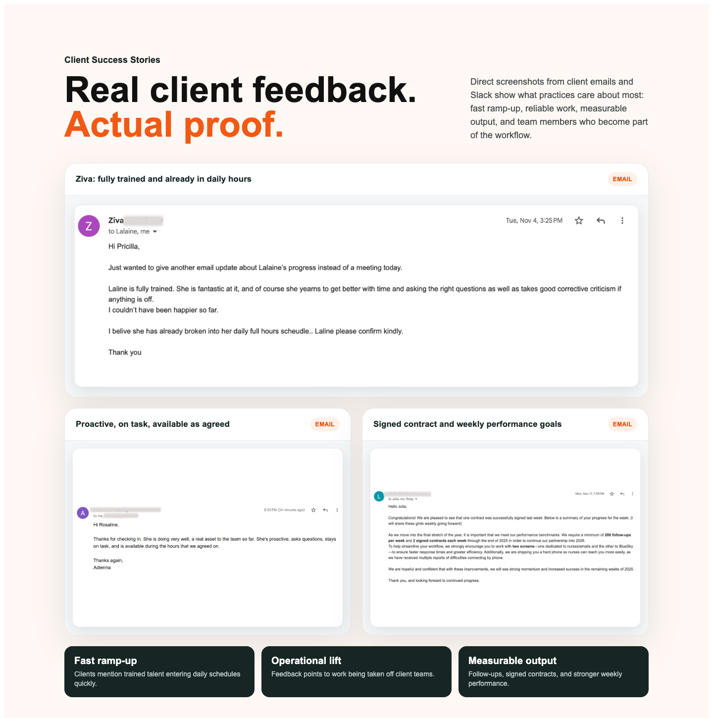 Client testimonial screenshots and trust proof from SnappyCX healthcare placements